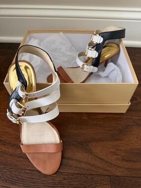 Michael Kors Black, White & Tan Multi-Strap Heel Sandal with Gold Accents
